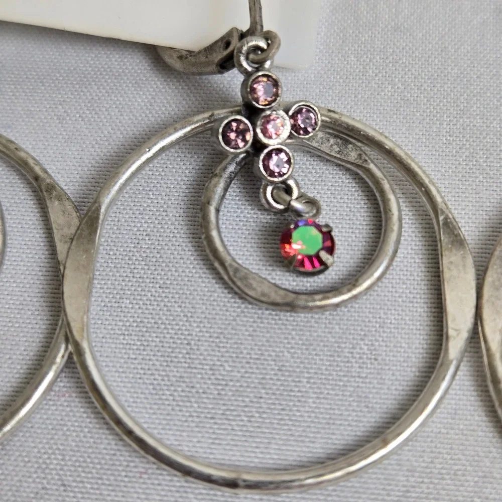 2 Pair Bohm Dangle/Drop Hoop Earrings, Silver‎ Tone, New